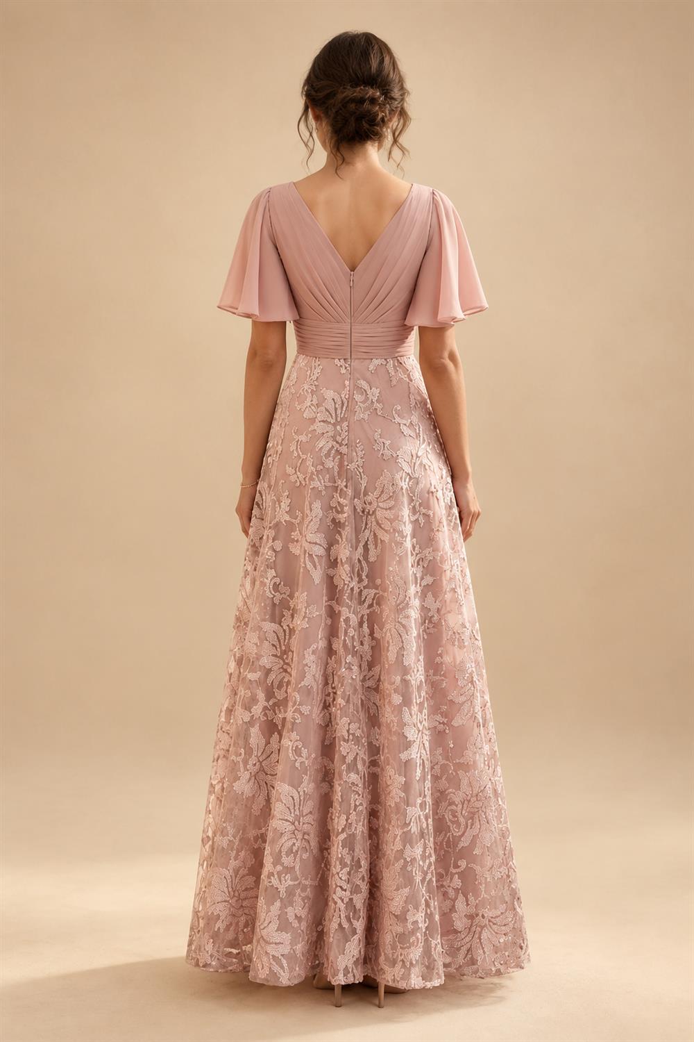 A-Line Lace Appliques Maxi Mother of the Bride & Groom Dresses with Flutter Sleeves Chiffon Bodice (SHI22500731)