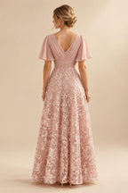 Tulle A-Line/Princess V-Neck Floor-Length Mother of the Bride & Groom Dresses with 3D Flowers (SHI22501351)