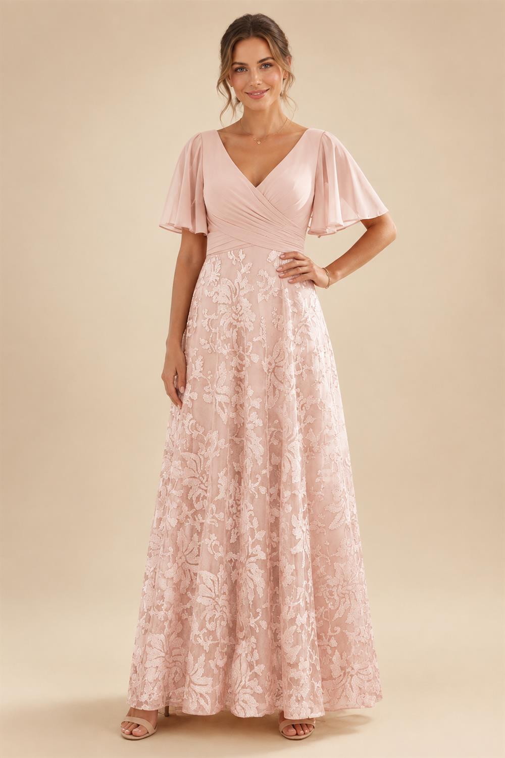 A-Line Lace Appliques Maxi Mother of the Bride & Groom Dresses with Flutter Sleeves Chiffon Bodice (SHI22500731)