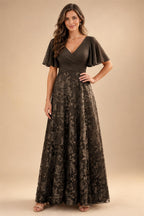 A-Line Lace Appliques Maxi Mother of the Bride & Groom Dresses with Flutter Sleeves Chiffon Bodice (SHI22500731)
