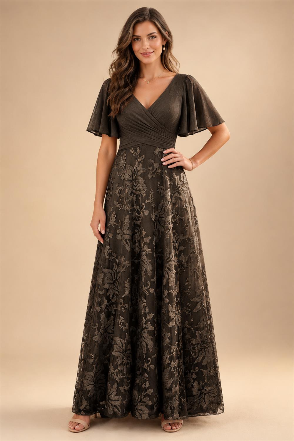A-Line Lace Appliques Maxi Mother of the Bride & Groom Dresses with Flutter Sleeves Chiffon Bodice (SHI22500731)