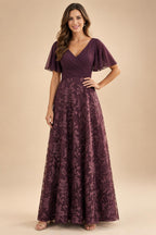A-Line Lace Appliques Maxi Mother of the Bride & Groom Dresses with Flutter Sleeves Chiffon Bodice (SHI22500731)