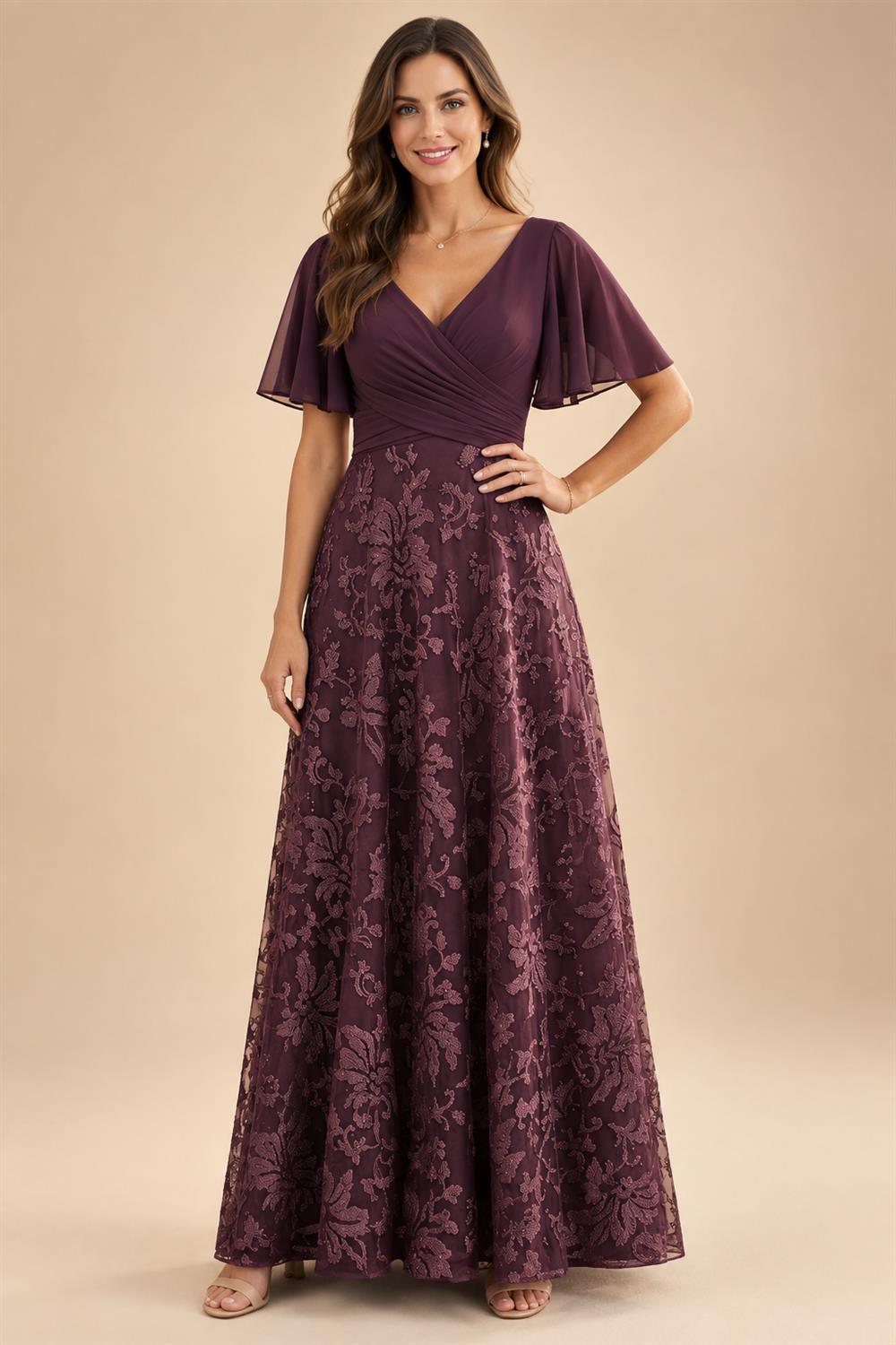 A-Line Lace Appliques Maxi Mother of the Bride & Groom Dresses with Flutter Sleeves Chiffon Bodice (SHI22500731)