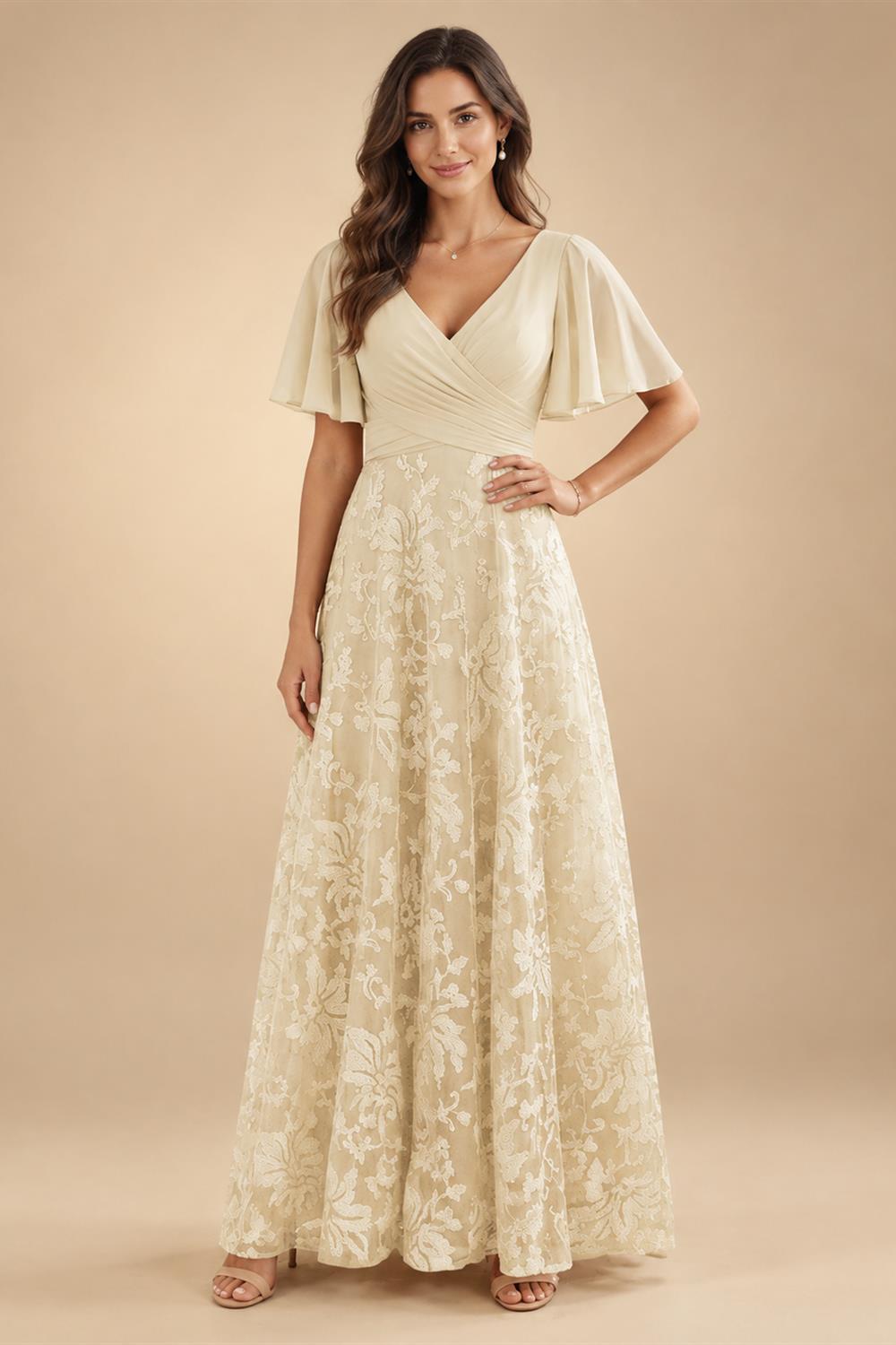 A-Line Lace Appliques Maxi Mother of the Bride & Groom Dresses with Flutter Sleeves Chiffon Bodice (SHI22500731)