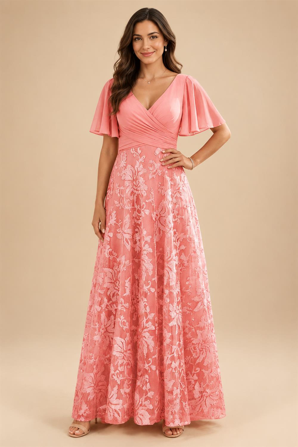 A-Line Lace Appliques Maxi Mother of the Bride & Groom Dresses with Flutter Sleeves Chiffon Bodice (SHI22500731)