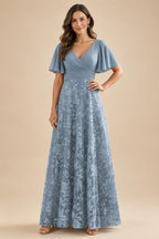 A-Line Lace Appliques Maxi Mother of the Bride & Groom Dresses with Flutter Sleeves Chiffon Bodice (SHI22500731)