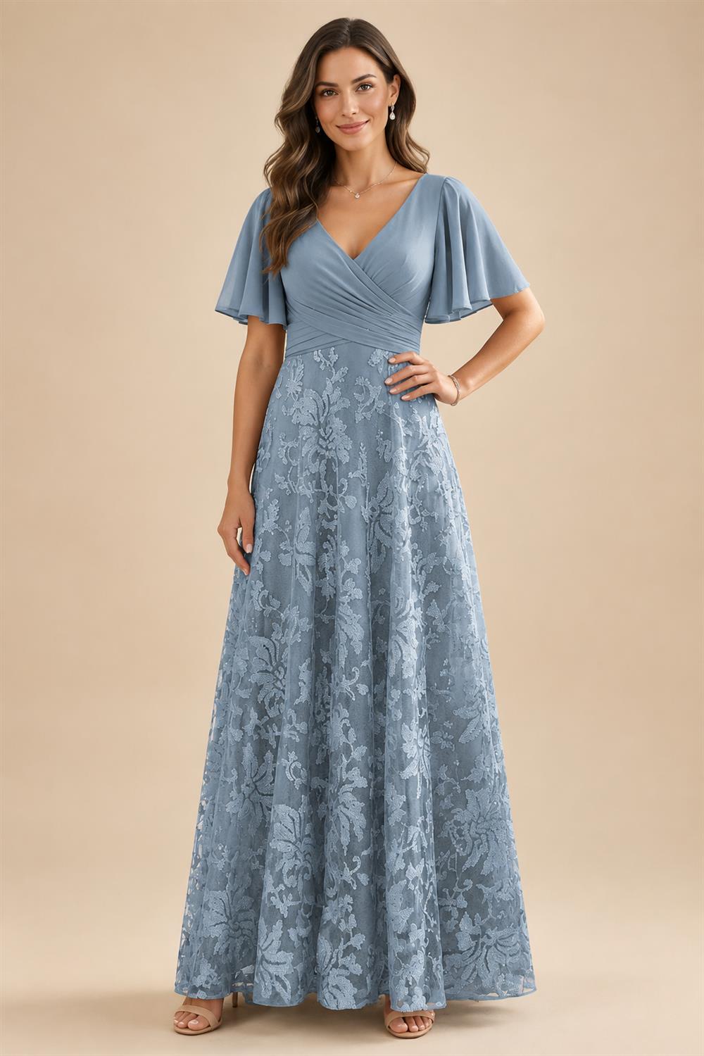 A-Line Lace Appliques Maxi Mother of the Bride & Groom Dresses with Flutter Sleeves Chiffon Bodice (SHI22500731)