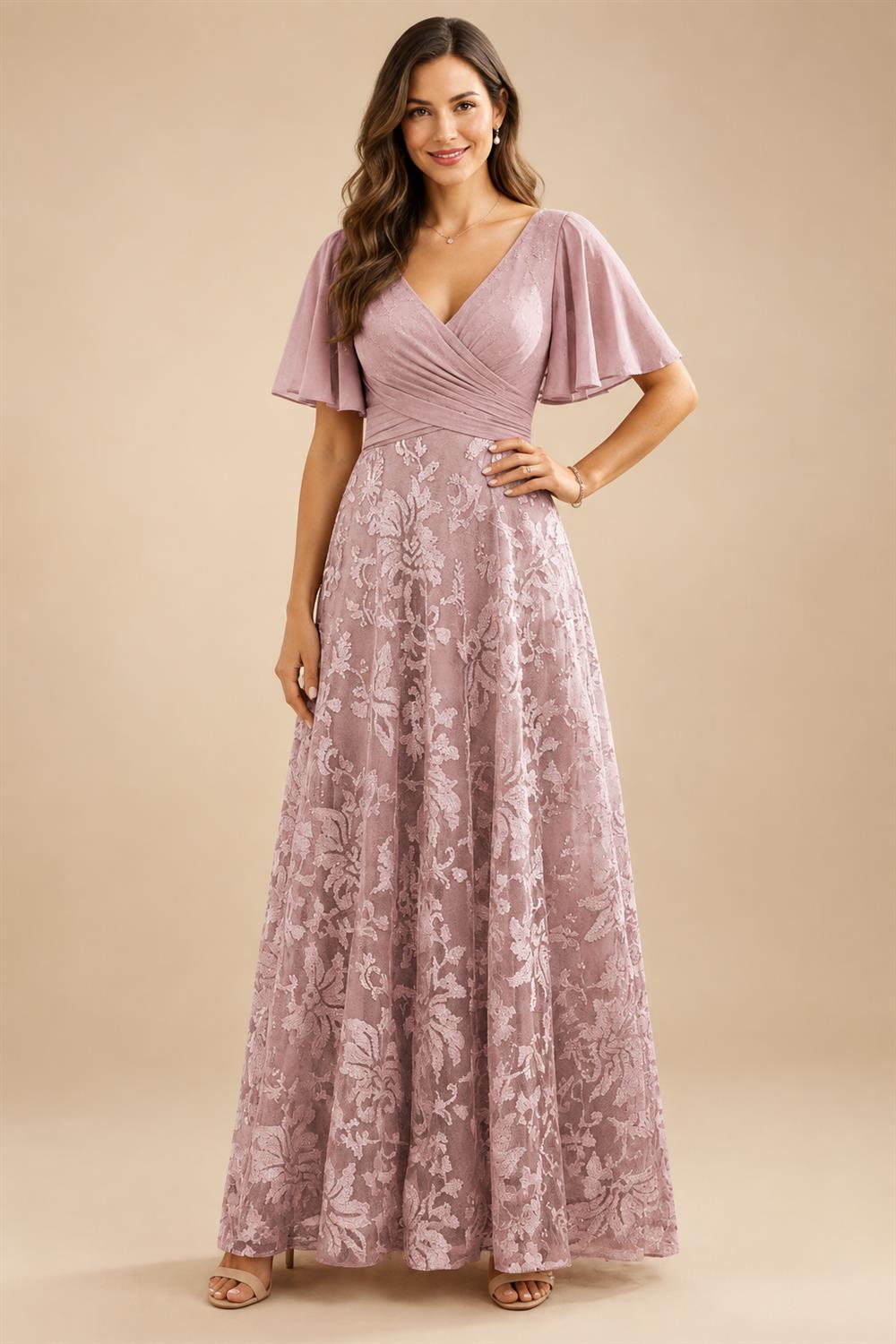 A-Line Lace Appliques Maxi Mother of the Bride & Groom Dresses with Flutter Sleeves Chiffon Bodice (SHI22500731)