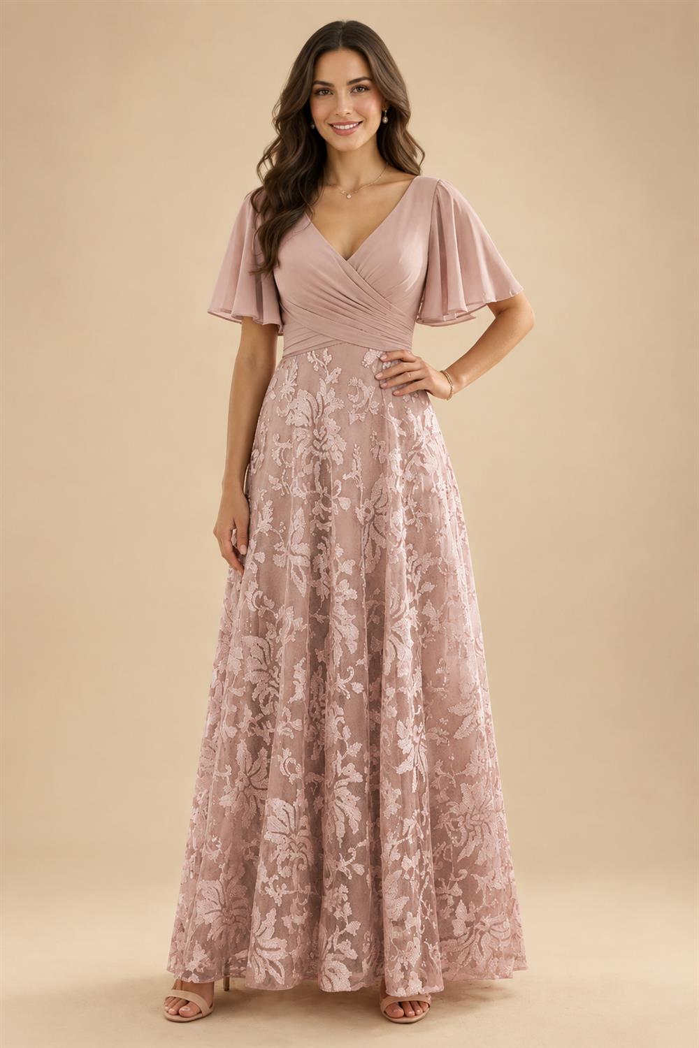A-Line Lace Appliques Maxi Mother of the Bride & Groom Dresses with Flutter Sleeves Chiffon Bodice (SHI22500731)