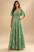 A-Line Lace Appliques Maxi Mother of the Bride & Groom Dresses with Flutter Sleeves Chiffon Bodice (SHI22500731)