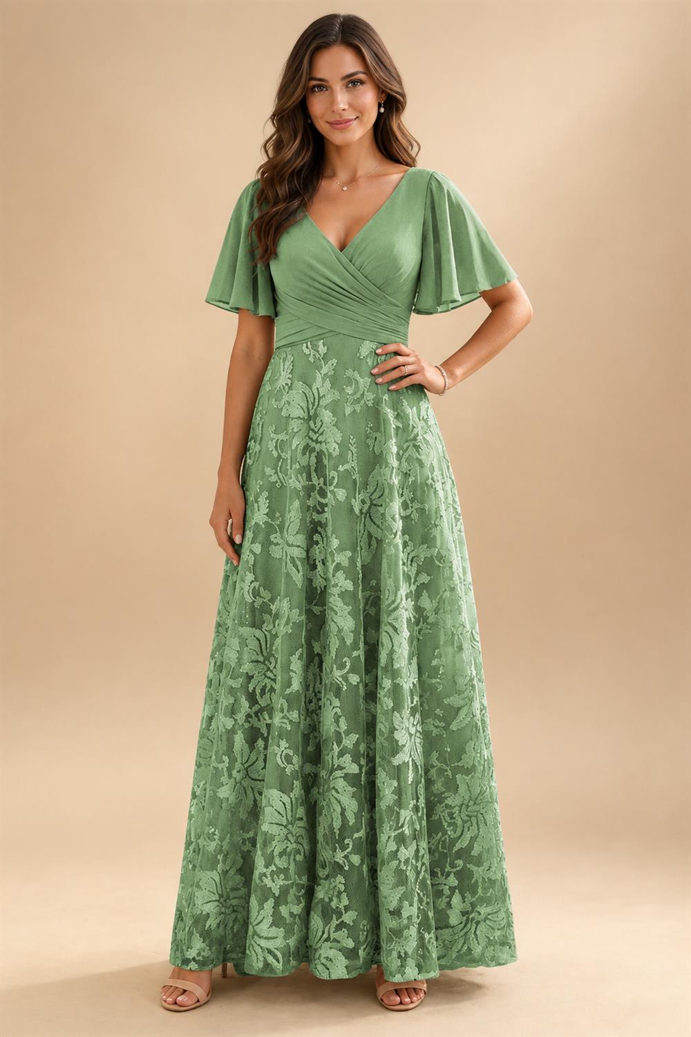 A-Line Lace Appliques Maxi Mother of the Bride & Groom Dresses with Flutter Sleeves Chiffon Bodice (SHI22500731)