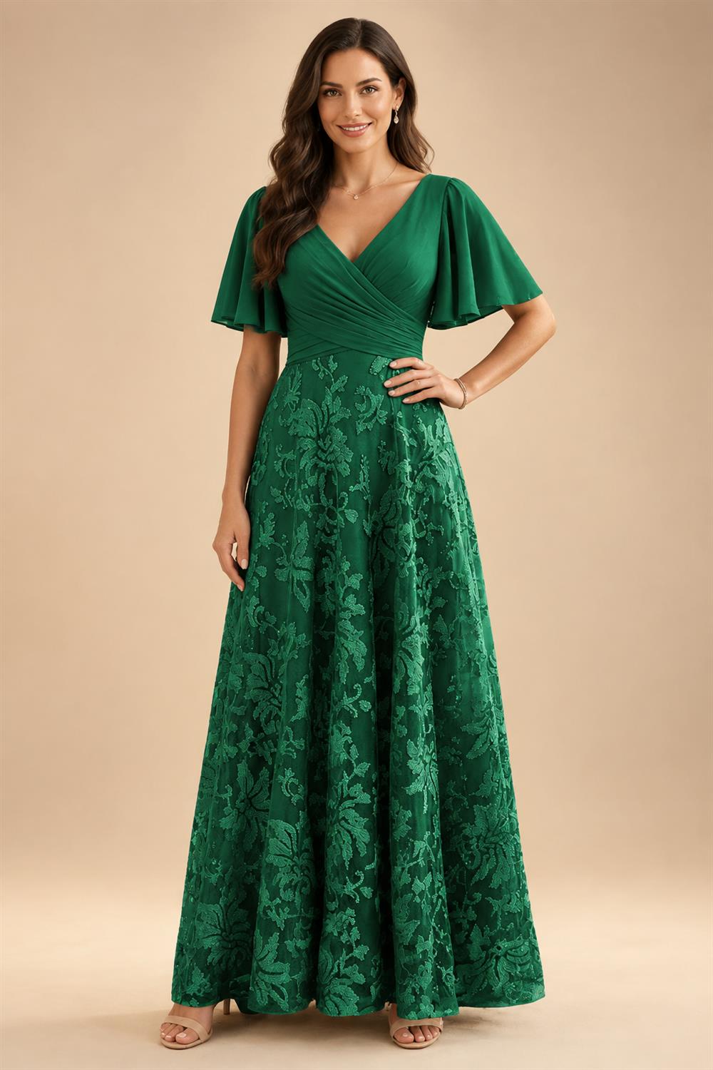 A-Line Lace Appliques Maxi Mother of the Bride & Groom Dresses with Flutter Sleeves Chiffon Bodice (SHI22500731)