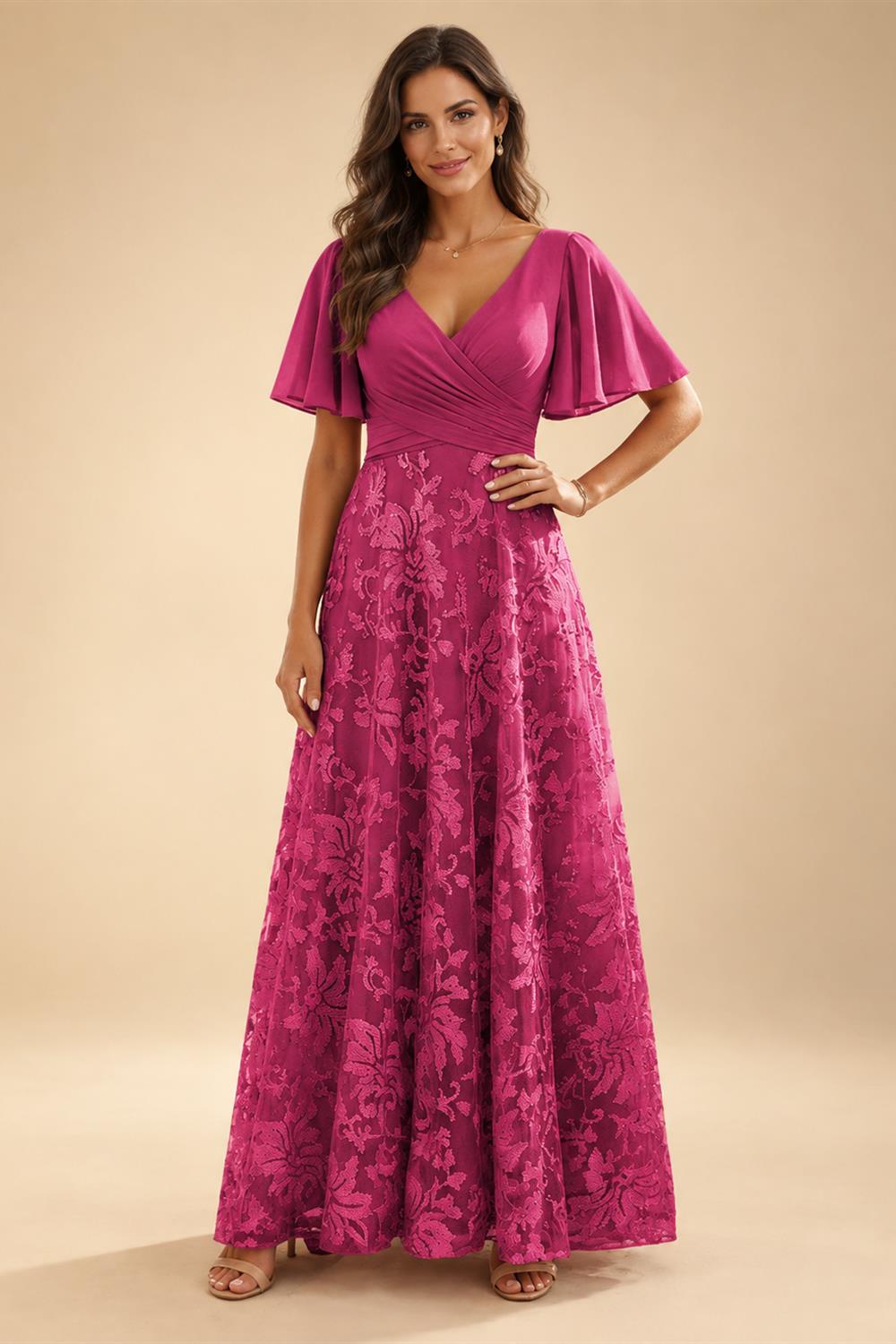 A-Line Lace Appliques Maxi Mother of the Bride & Groom Dresses with Flutter Sleeves Chiffon Bodice (SHI22500731)