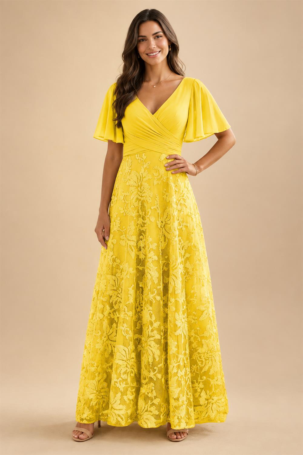 A-Line Lace Appliques Maxi Mother of the Bride & Groom Dresses with Flutter Sleeves Chiffon Bodice (SHI22500731)