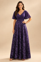 A-Line Lace Appliques Maxi Mother of the Bride & Groom Dresses with Flutter Sleeves Chiffon Bodice (SHI22500731)