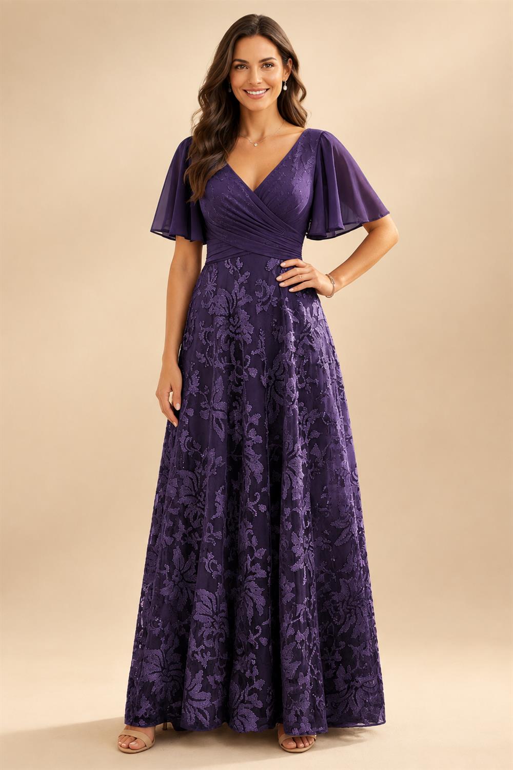 A-Line Lace Appliques Maxi Mother of the Bride & Groom Dresses with Flutter Sleeves Chiffon Bodice (SHI22500731)