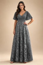 A-Line Lace Appliques Maxi Mother of the Bride & Groom Dresses with Flutter Sleeves Chiffon Bodice (SHI22500731)