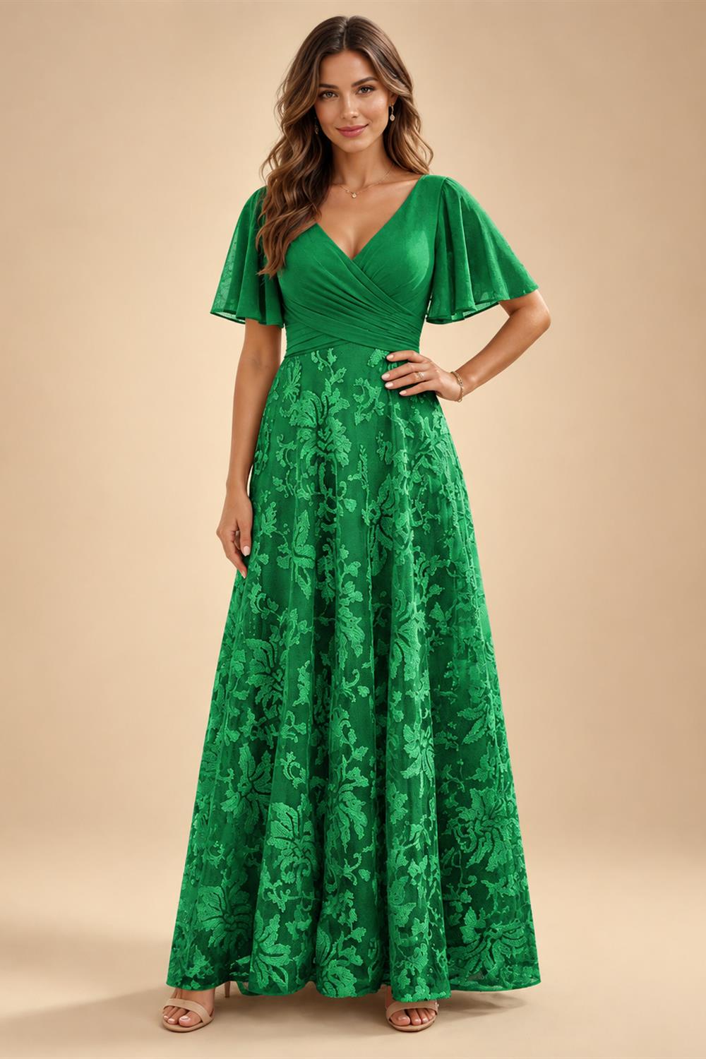 A-Line Lace Appliques Maxi Mother of the Bride & Groom Dresses with Flutter Sleeves Chiffon Bodice (SHI22500731)