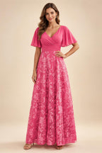 A-Line Lace Appliques Maxi Mother of the Bride & Groom Dresses with Flutter Sleeves Chiffon Bodice (SHI22500731)