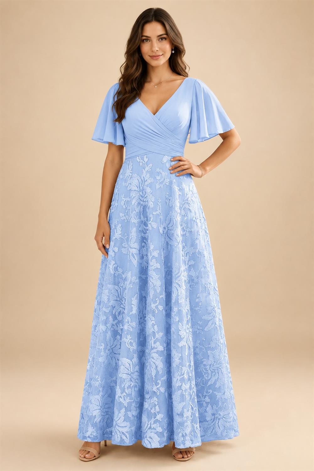 A-Line Lace Appliques Maxi Mother of the Bride & Groom Dresses with Flutter Sleeves Chiffon Bodice (SHI22500731)