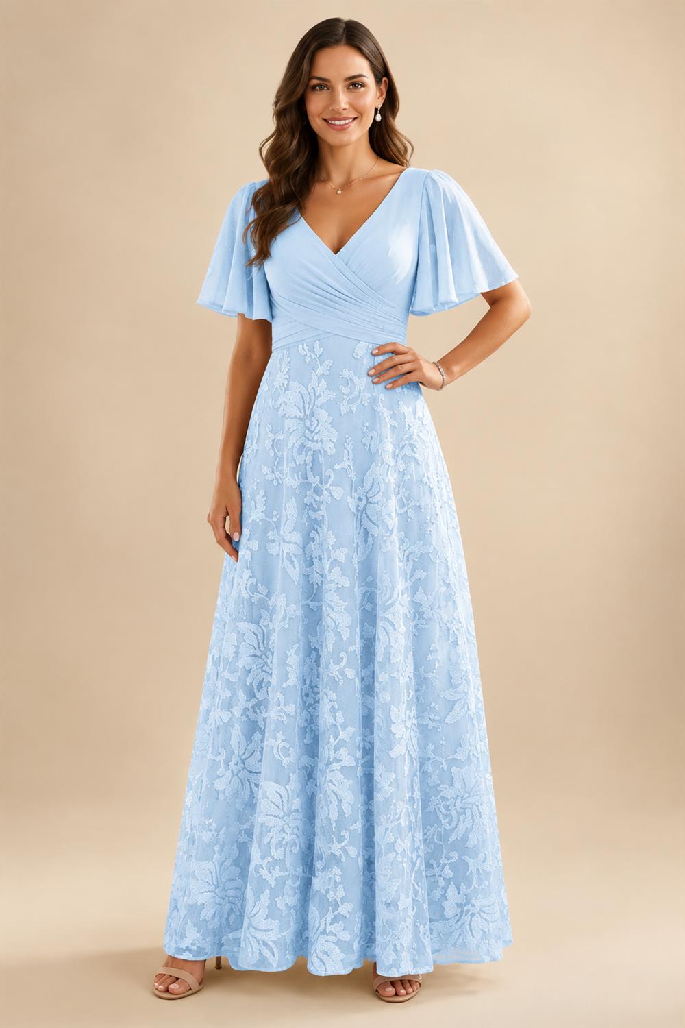 A-Line Lace Appliques Maxi Mother of the Bride & Groom Dresses with Flutter Sleeves Chiffon Bodice (SHI22500731)
