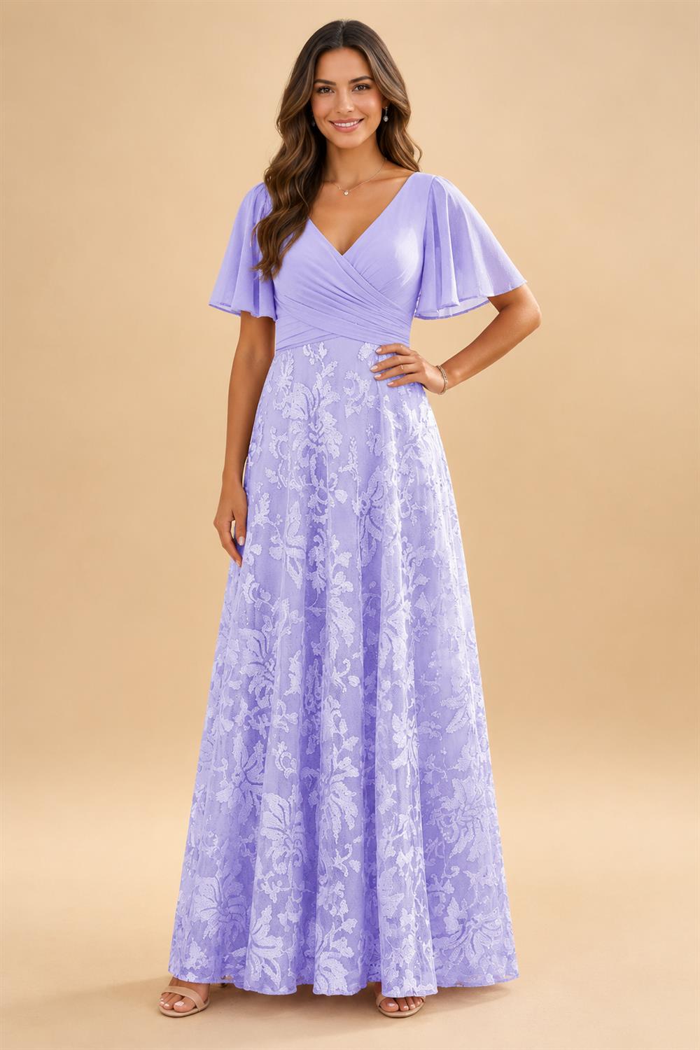 A-Line Lace Appliques Maxi Mother of the Bride & Groom Dresses with Flutter Sleeves Chiffon Bodice (SHI22500731)