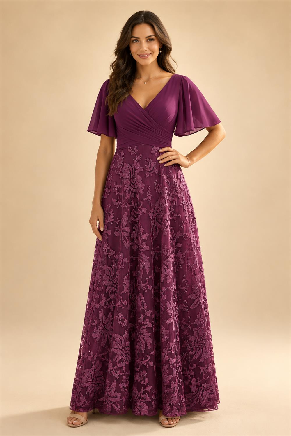 A-Line Lace Appliques Maxi Mother of the Bride & Groom Dresses with Flutter Sleeves Chiffon Bodice (SHI22500731)