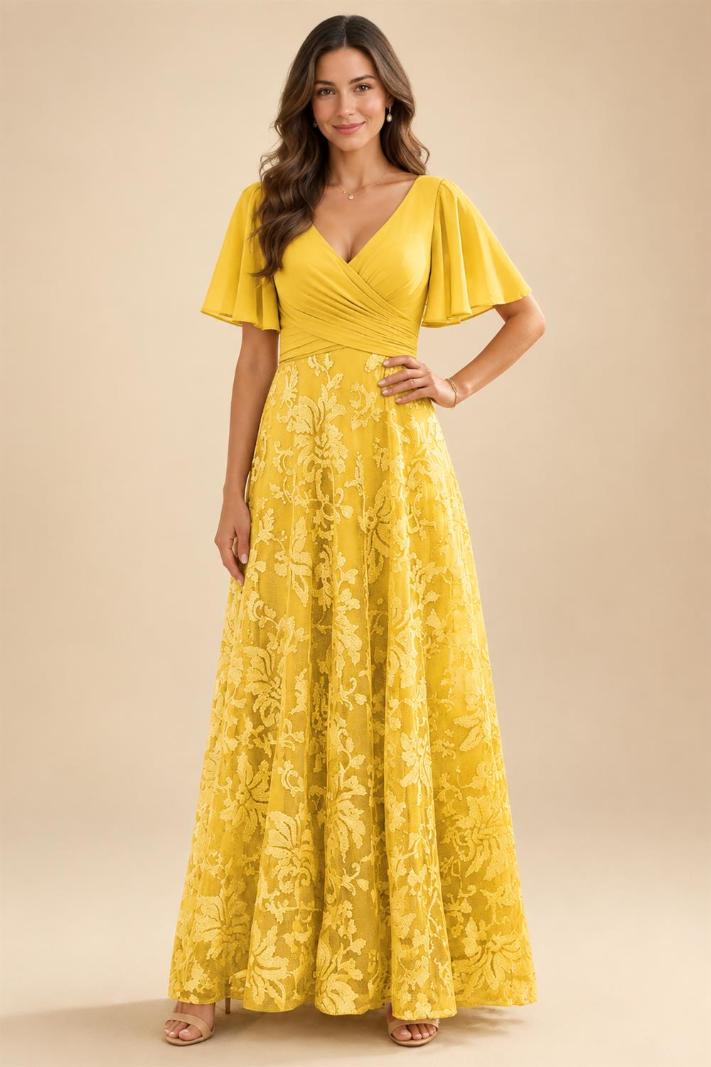 A-Line Lace Appliques Maxi Mother of the Bride & Groom Dresses with Flutter Sleeves Chiffon Bodice (SHI22500731)