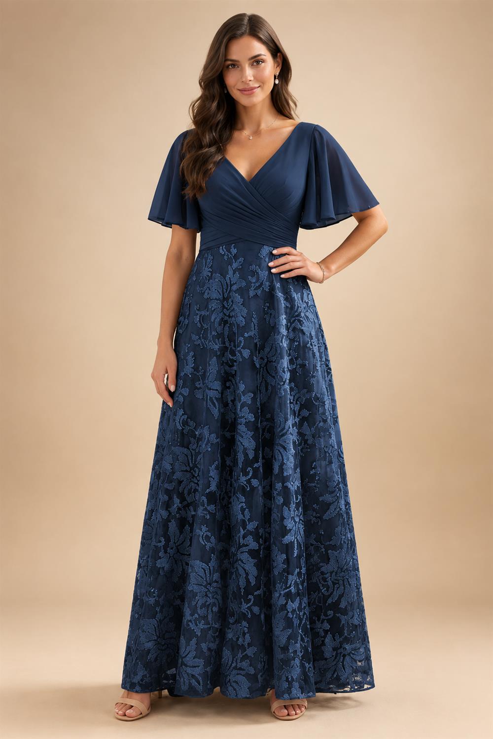 A-Line Lace Appliques Maxi Mother of the Bride & Groom Dresses with Flutter Sleeves Chiffon Bodice (SHI22500731)