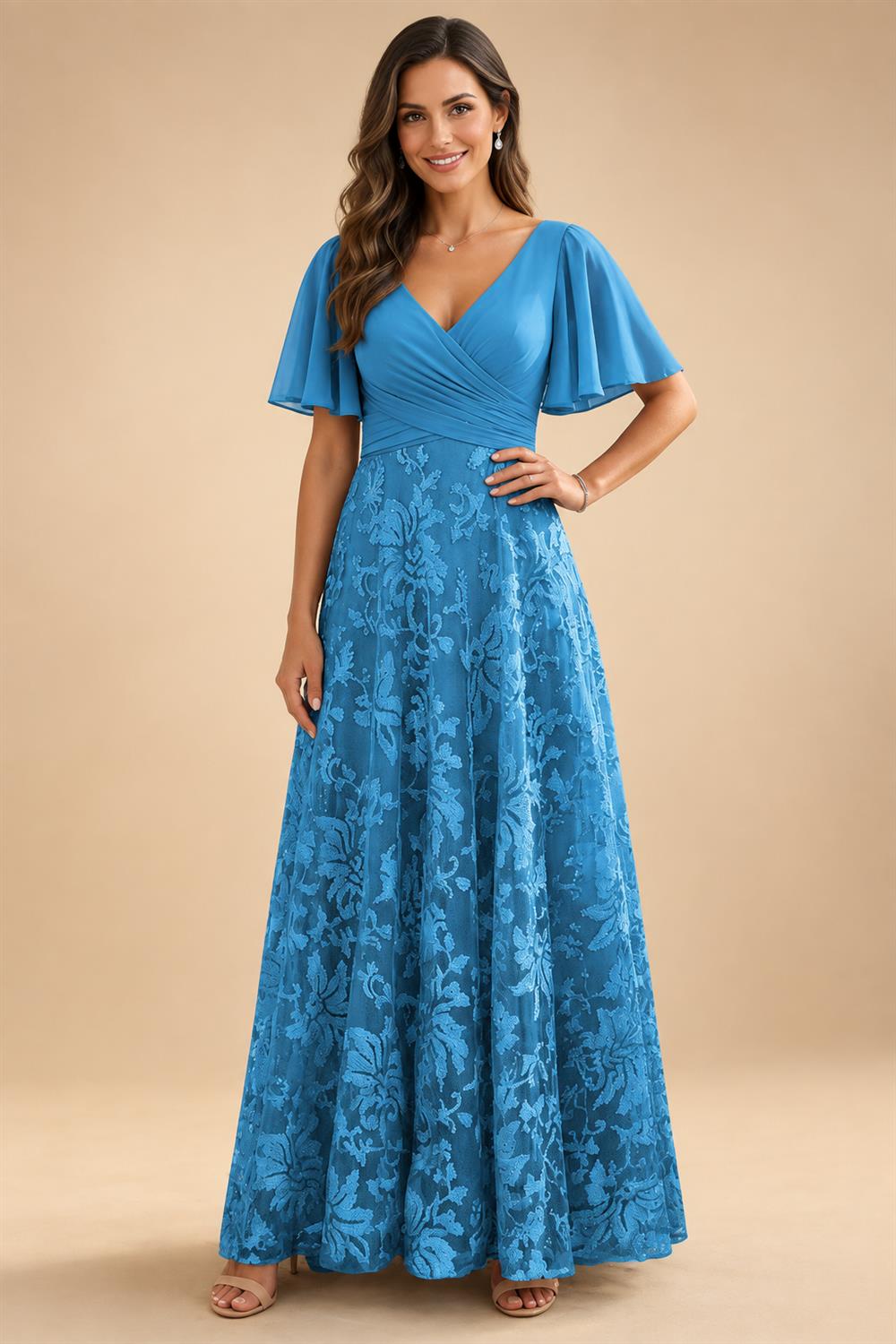 A-Line Lace Appliques Maxi Mother of the Bride & Groom Dresses with Flutter Sleeves Chiffon Bodice (SHI22500731)