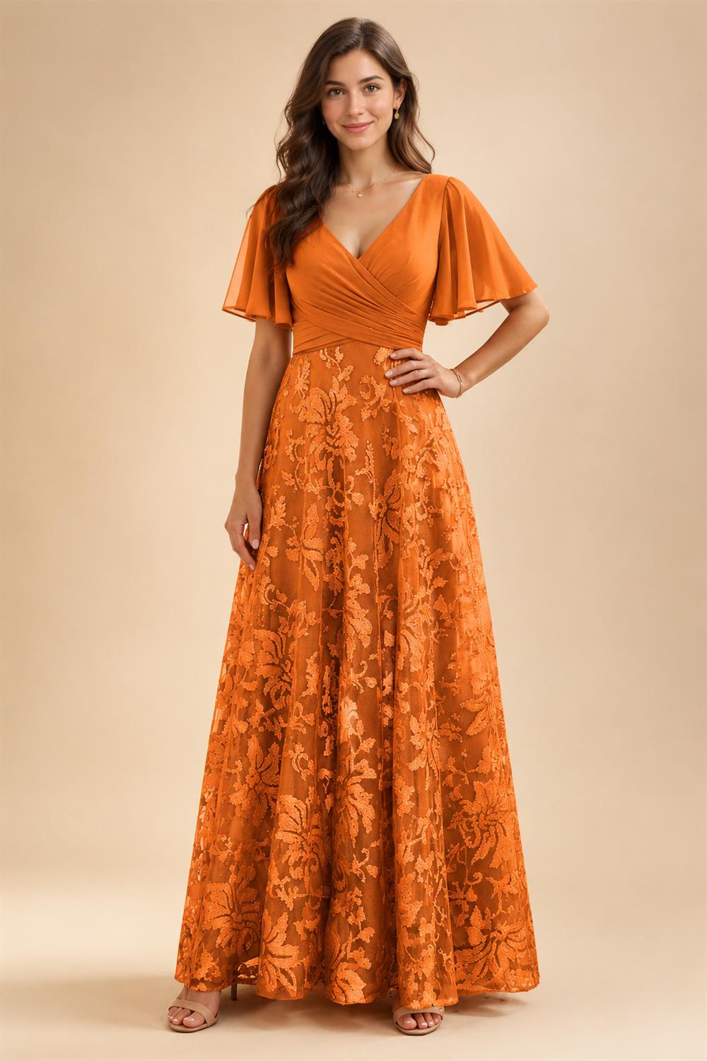 A-Line Lace Appliques Maxi Mother of the Bride & Groom Dresses with Flutter Sleeves Chiffon Bodice (SHI22500731)