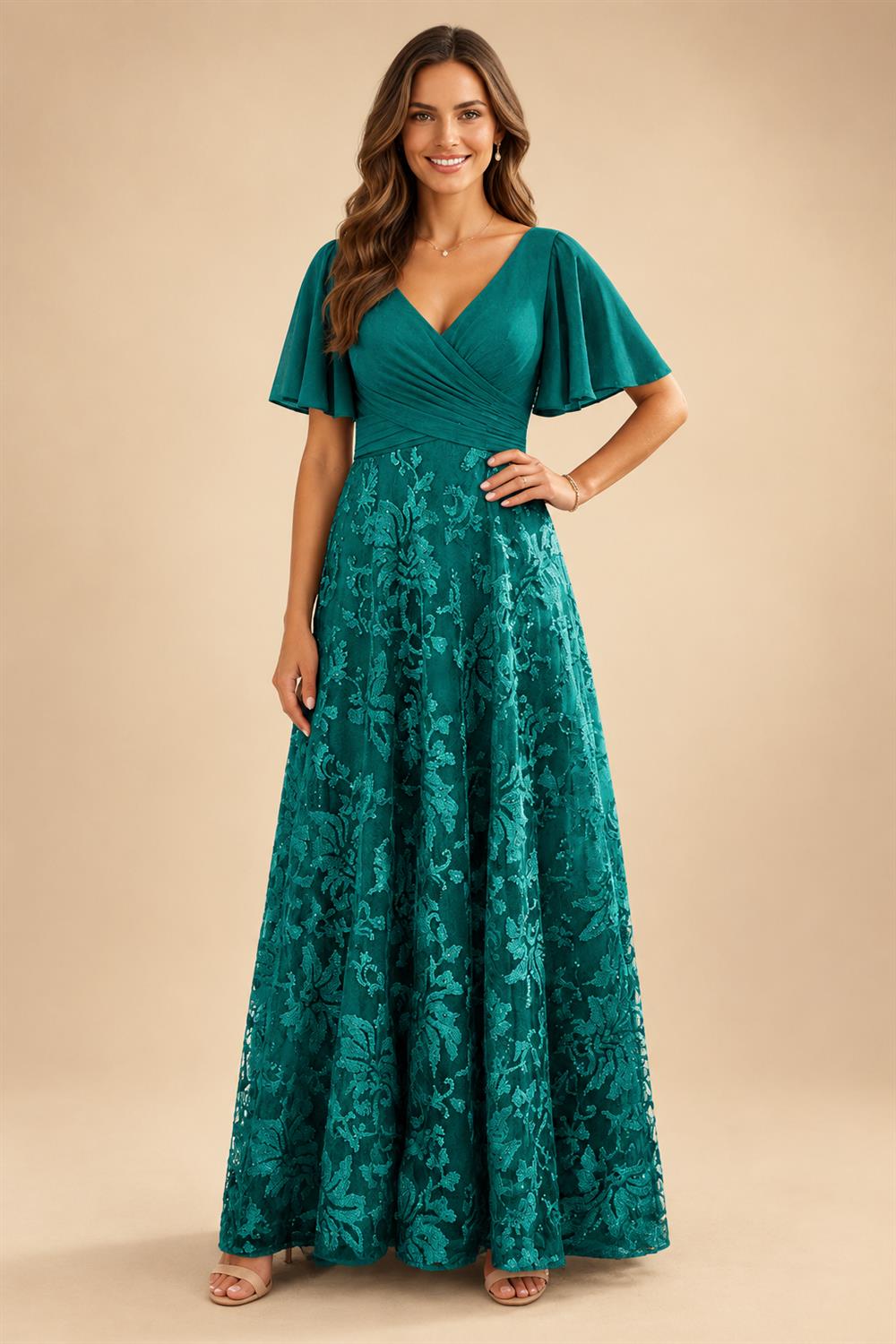 A-Line Lace Appliques Maxi Mother of the Bride & Groom Dresses with Flutter Sleeves Chiffon Bodice (SHI22500731)