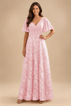A-Line Lace Appliques Maxi Mother of the Bride & Groom Dresses with Flutter Sleeves Chiffon Bodice (SHI22500731)
