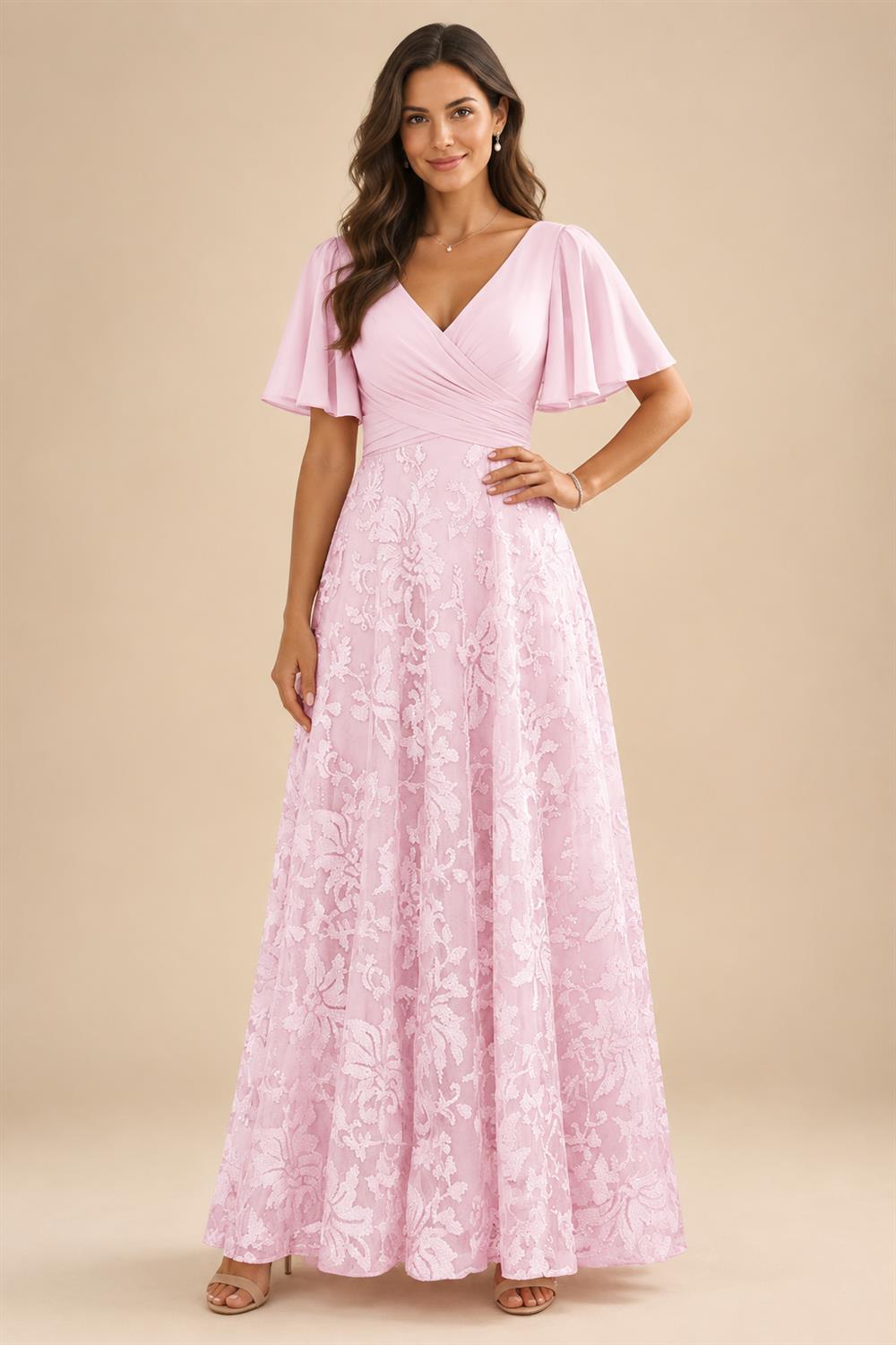 A-Line Lace Appliques Maxi Mother of the Bride & Groom Dresses with Flutter Sleeves Chiffon Bodice (SHI22500731)