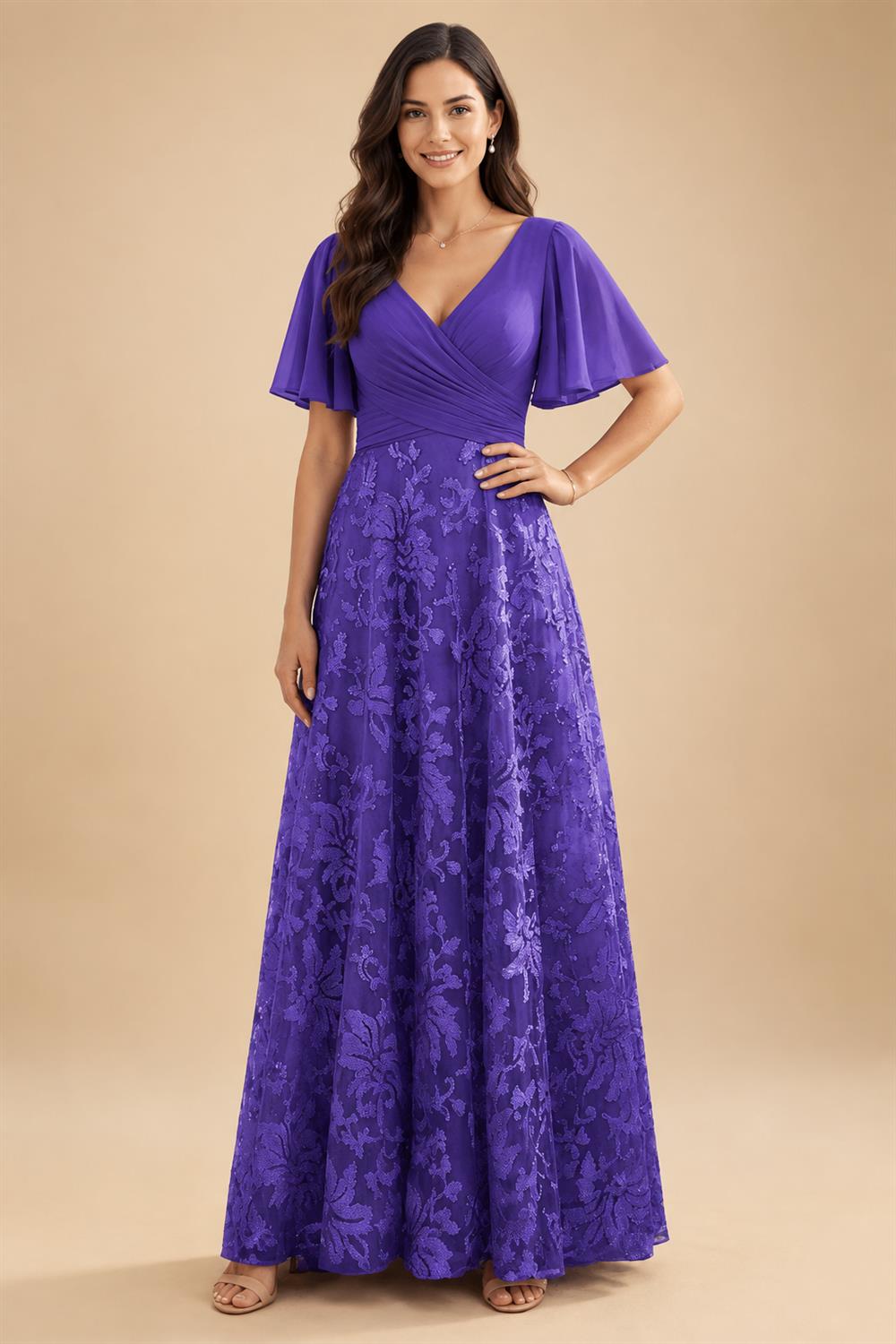 A-Line Lace Appliques Maxi Mother of the Bride & Groom Dresses with Flutter Sleeves Chiffon Bodice (SHI22500731)