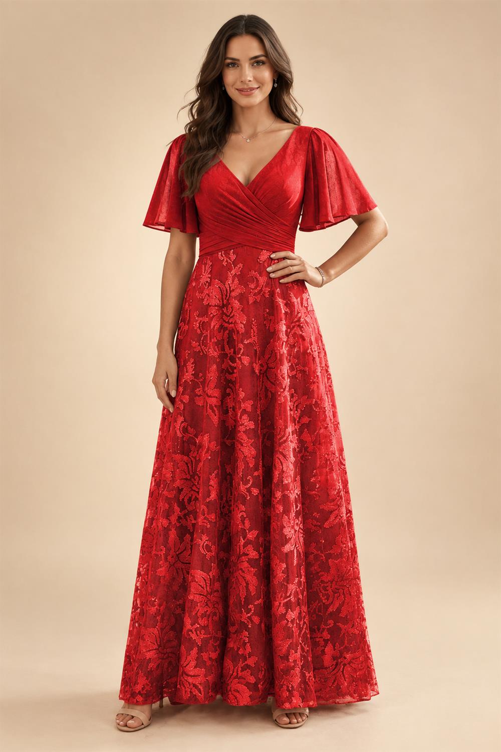 A-Line Lace Appliques Maxi Mother of the Bride & Groom Dresses with Flutter Sleeves Chiffon Bodice (SHI22500731)