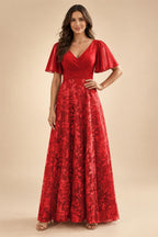 A-Line Lace Appliques Maxi Mother of the Bride & Groom Dresses with Flutter Sleeves Chiffon Bodice (SHI22500731)