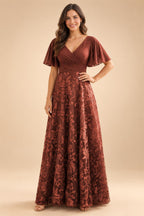 A-Line Lace Appliques Maxi Mother of the Bride & Groom Dresses with Flutter Sleeves Chiffon Bodice (SHI22500731)