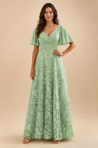 A-Line Lace Appliques Maxi Mother of the Bride & Groom Dresses with Flutter Sleeves Chiffon Bodice (SHI22500731)
