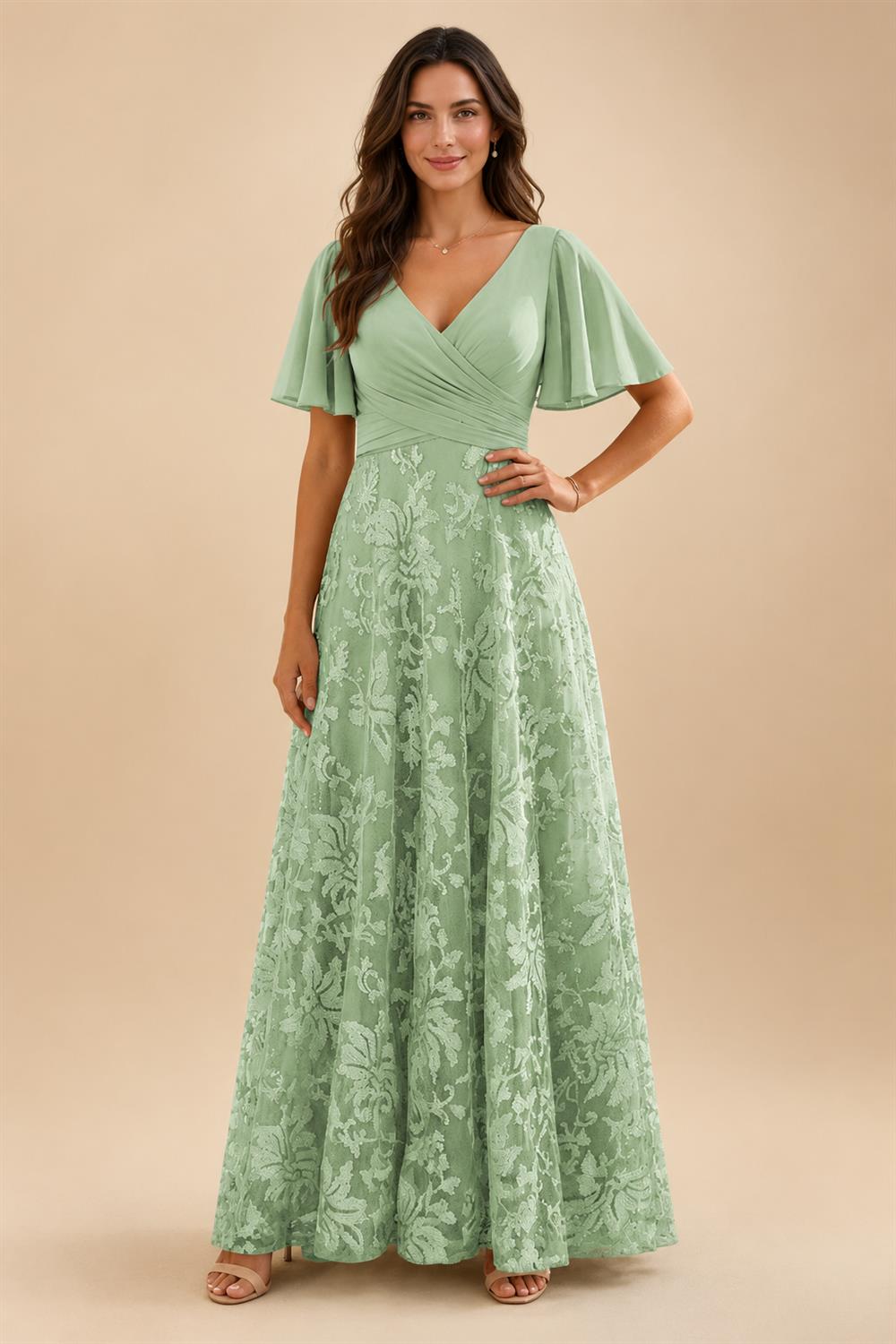 A-Line Lace Appliques Maxi Mother of the Bride & Groom Dresses with Flutter Sleeves Chiffon Bodice (SHI22500731)