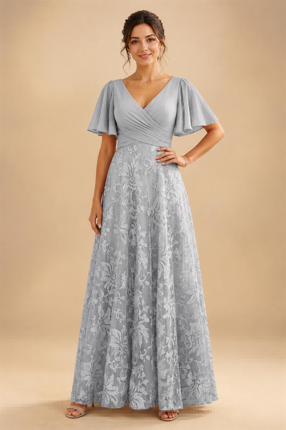 A-Line Lace Appliques Maxi Mother of the Bride & Groom Dresses with Flutter Sleeves Chiffon Bodice (SHI22500731)