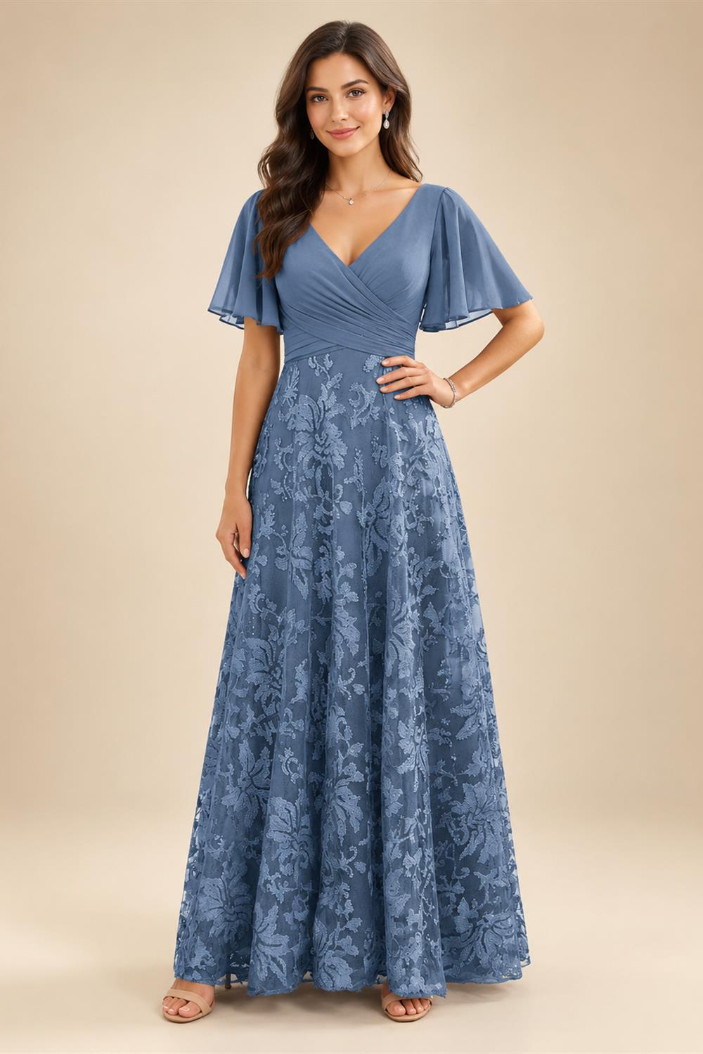 A-Line Lace Appliques Maxi Mother of the Bride & Groom Dresses with Flutter Sleeves Chiffon Bodice (SHI22500731)