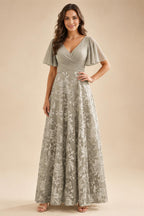 A-Line Lace Appliques Maxi Mother of the Bride & Groom Dresses with Flutter Sleeves Chiffon Bodice (SHI22500731)
