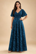 A-Line Lace Appliques Maxi Mother of the Bride & Groom Dresses with Flutter Sleeves Chiffon Bodice (SHI22500731)