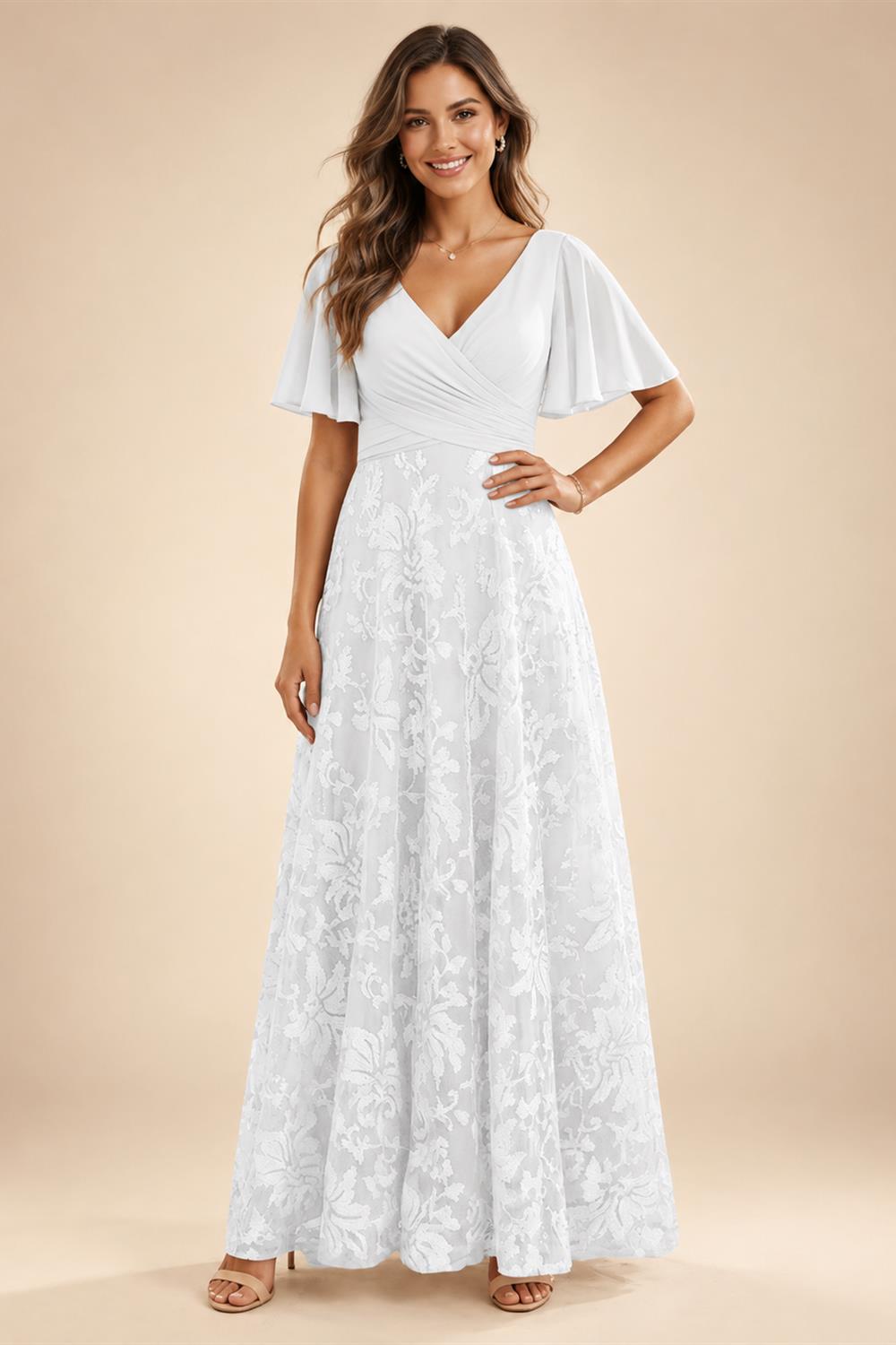 A-Line Lace Appliques Maxi Mother of the Bride & Groom Dresses with Flutter Sleeves Chiffon Bodice (SHI22500731)