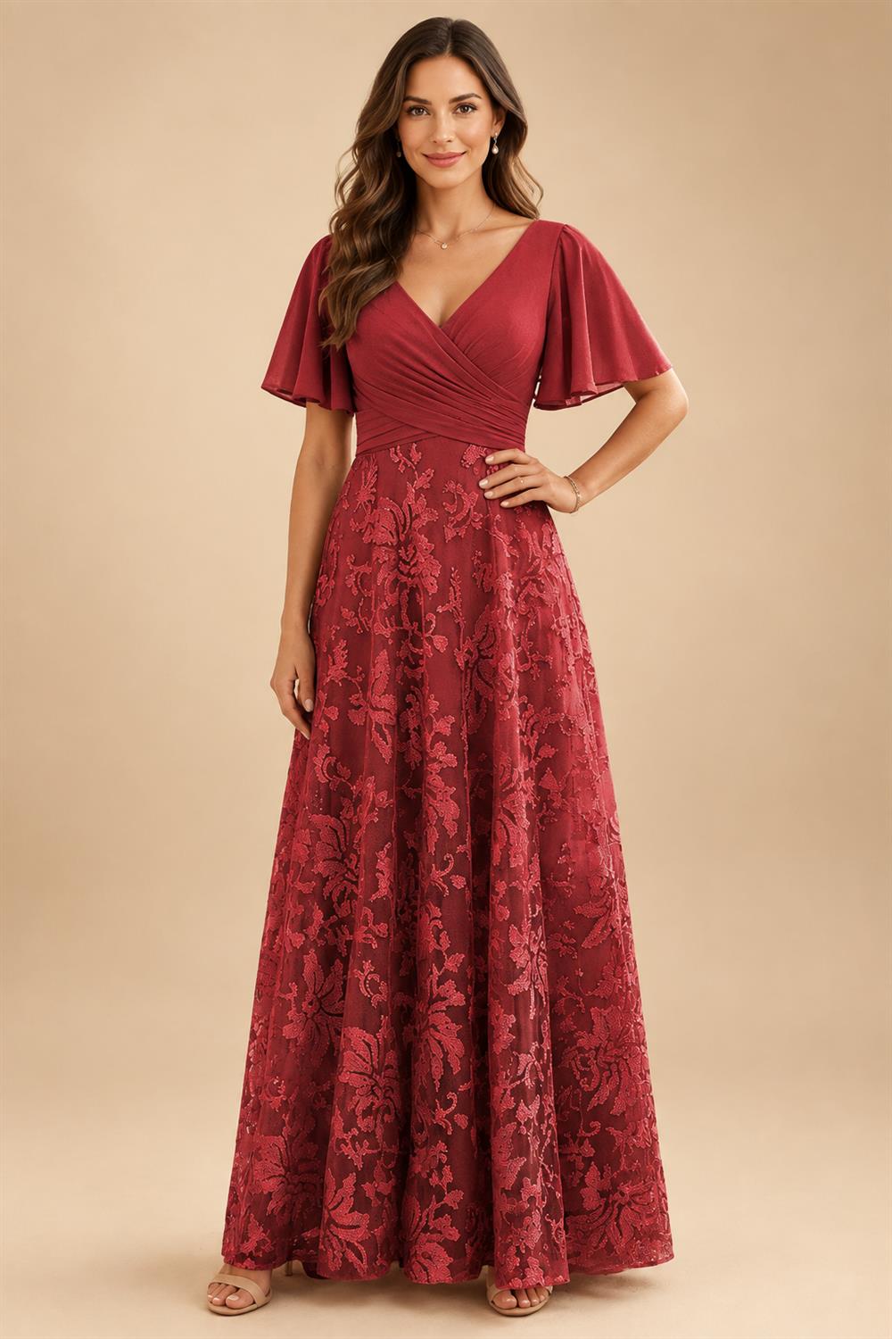 A-Line Lace Appliques Maxi Mother of the Bride & Groom Dresses with Flutter Sleeves Chiffon Bodice (SHI22500731)