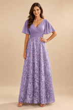 A-Line Lace Appliques Maxi Mother of the Bride & Groom Dresses with Flutter Sleeves Chiffon Bodice (SHI22500731)