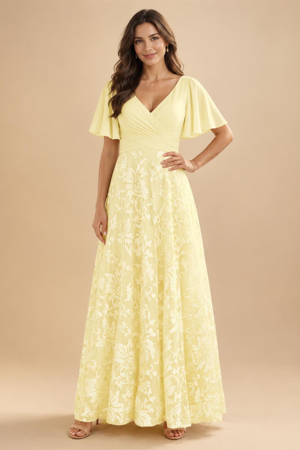 A-Line Lace Appliques Maxi Mother of the Bride & Groom Dresses with Flutter Sleeves Chiffon Bodice (SHI22500731)