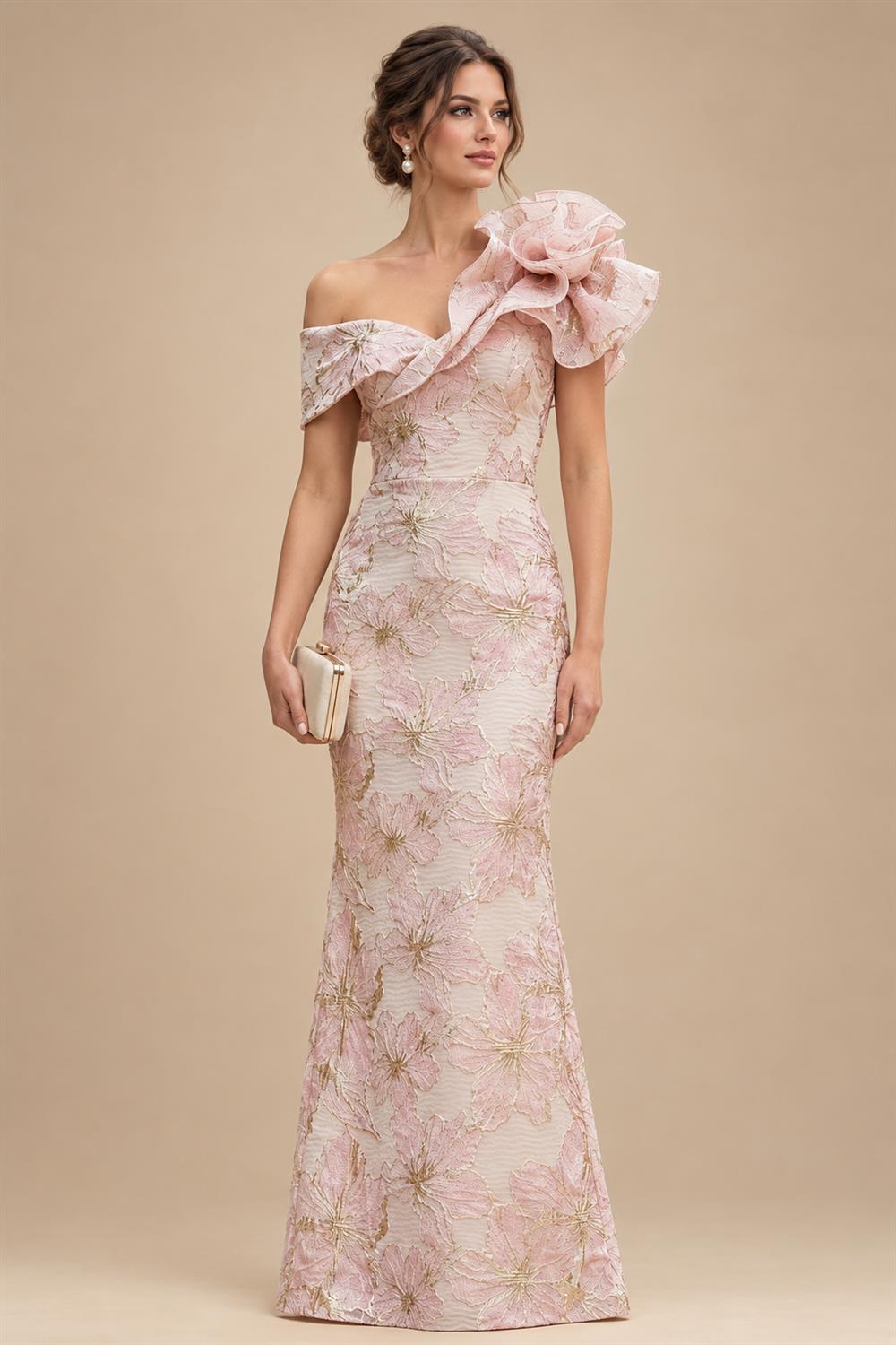 Sheath Floral Jacquard Off Shoulder Mother of the Bride & Groom Dresses with Flower (SHI22500777)