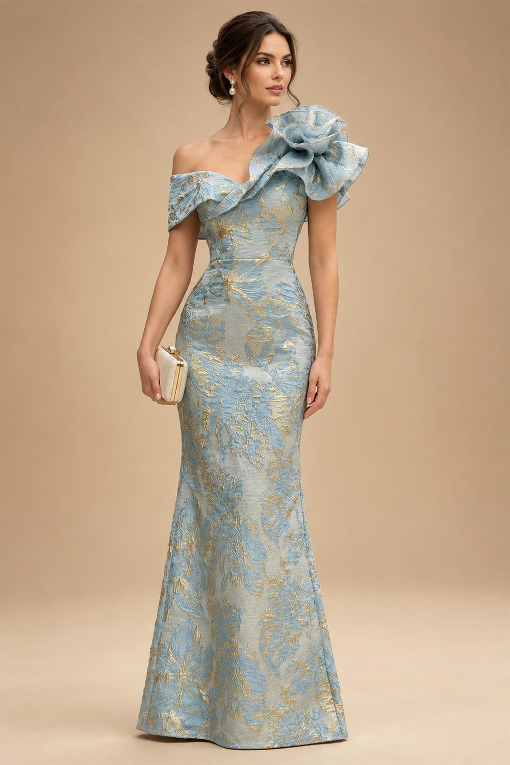 Sheath Floral Jacquard Off Shoulder Mother of the Bride & Groom Dresses with Flower (SHI22500777)